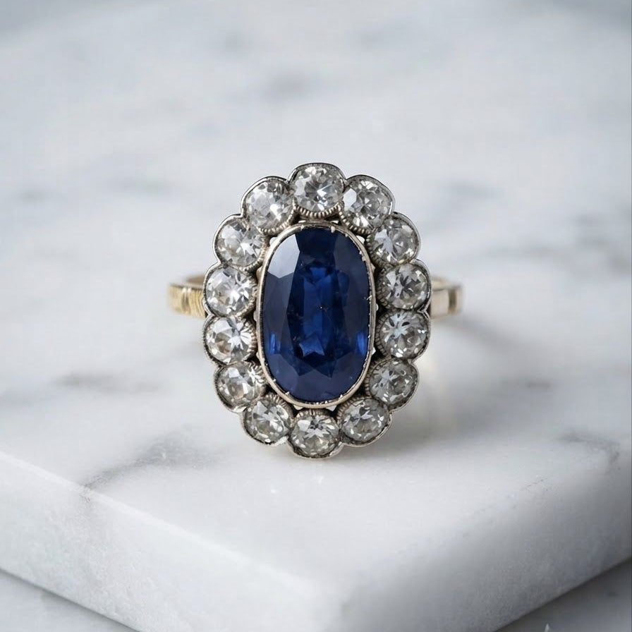 Late Victorian Antique 4.18ct Natural No Heat Ceylon Sapphire and Old Diamond Cluster Engagement Ring