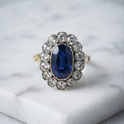 Late Victorian Antique 4.18ct Natural No Heat Ceylon Sapphire and Old Diamond Cluster Engagement Ring