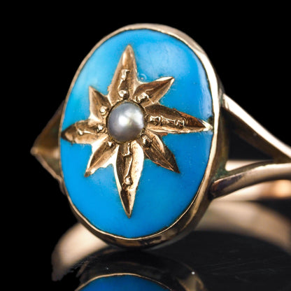 Antique Victorian Blue Enamel & Gold Star Pearl Ring 9K Gold - c.1880