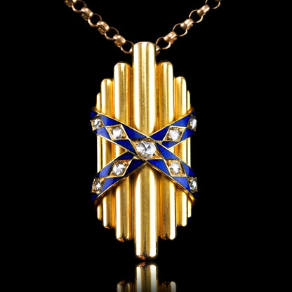 Antique Victorian 18 Carat Gold Rose Cut Diamond And Blue Enamel Pendant - circa 1880