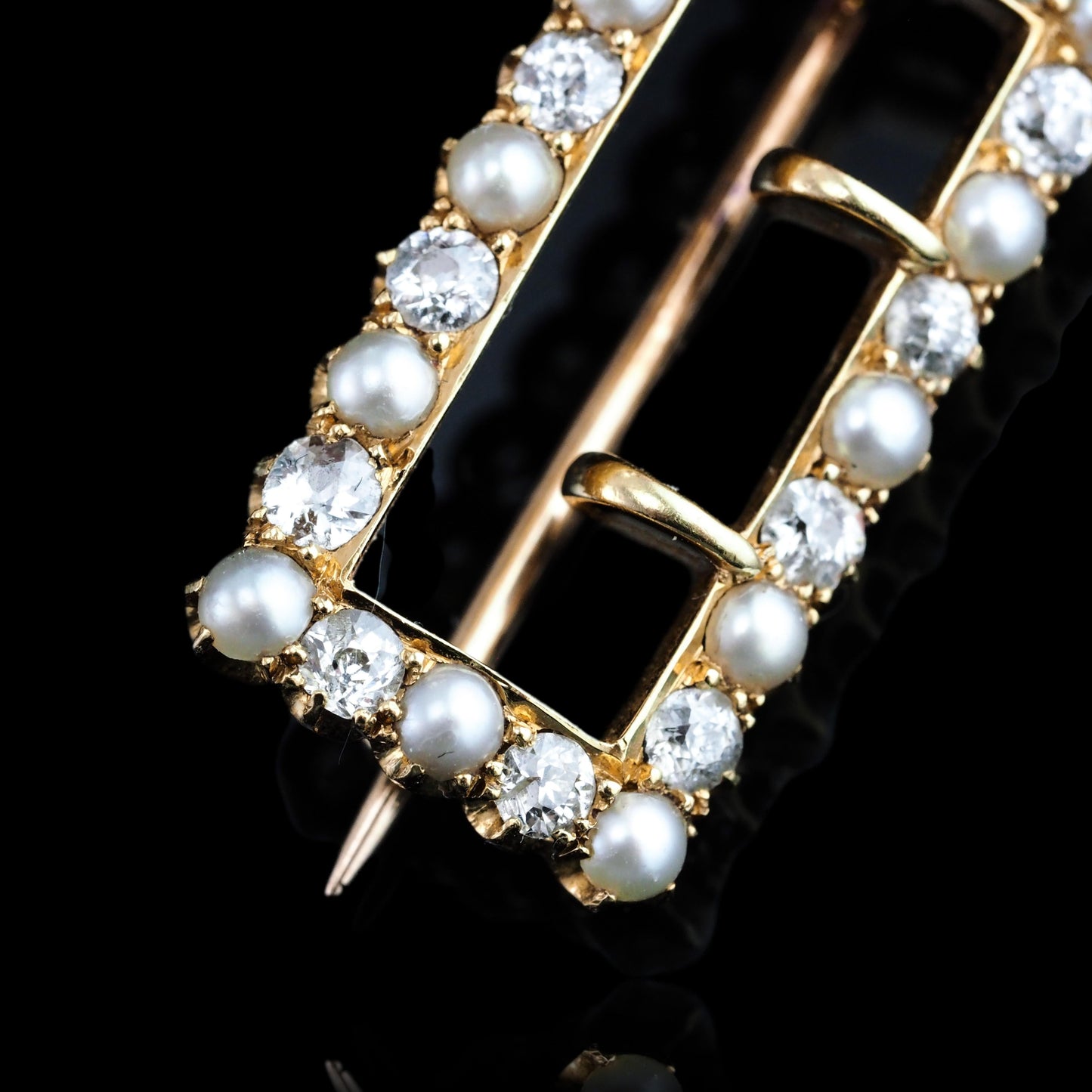 Antique Victorian Diamond Pearl Brooch/Pendant Buckle Shape 18K Gold - c.1890