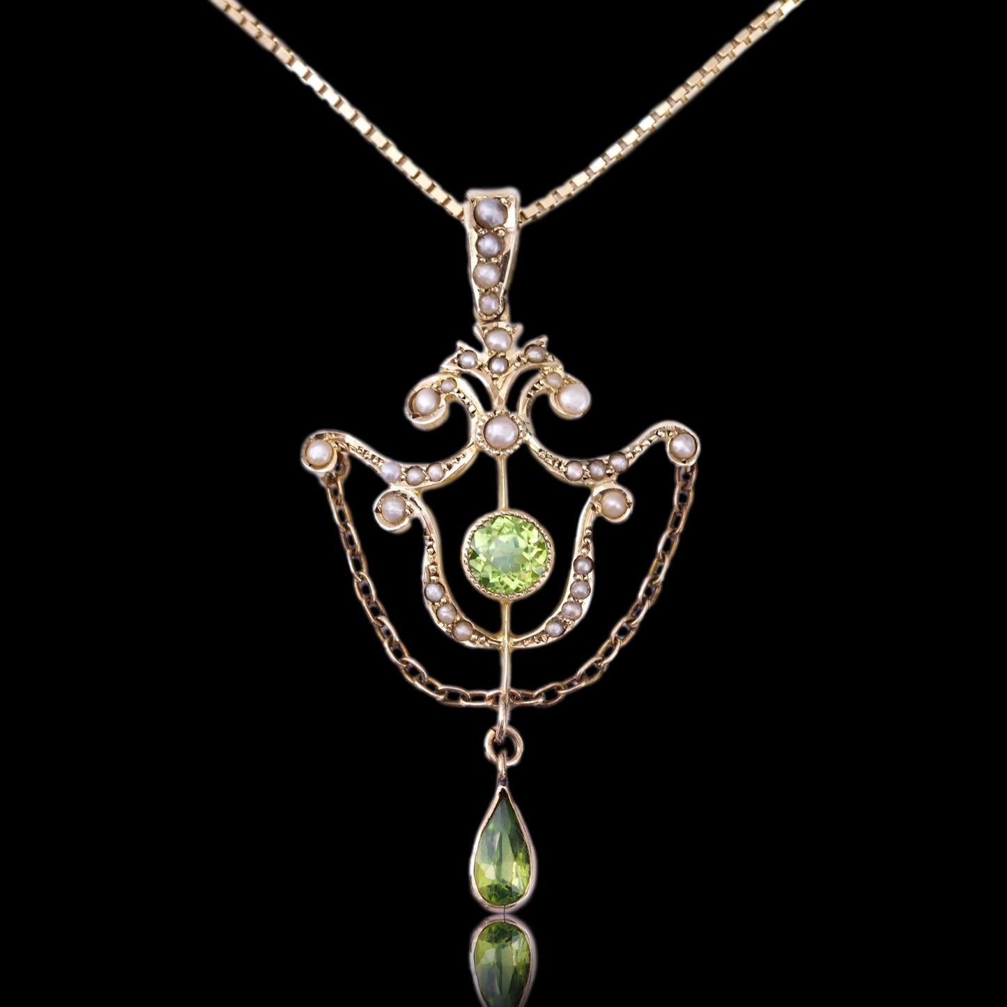 Antique Edwardian Peridot and Seed Pearl Pendant Necklace 9ct Gold - 1909