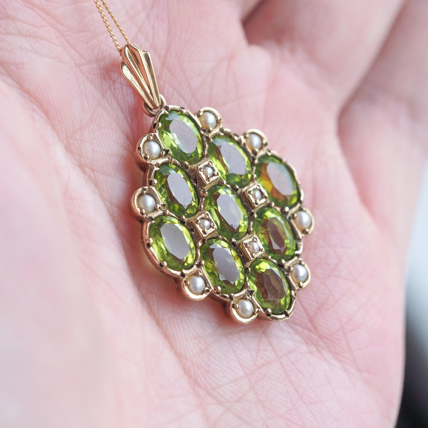 Vintage Peridot and Pearl Cluster Pendant