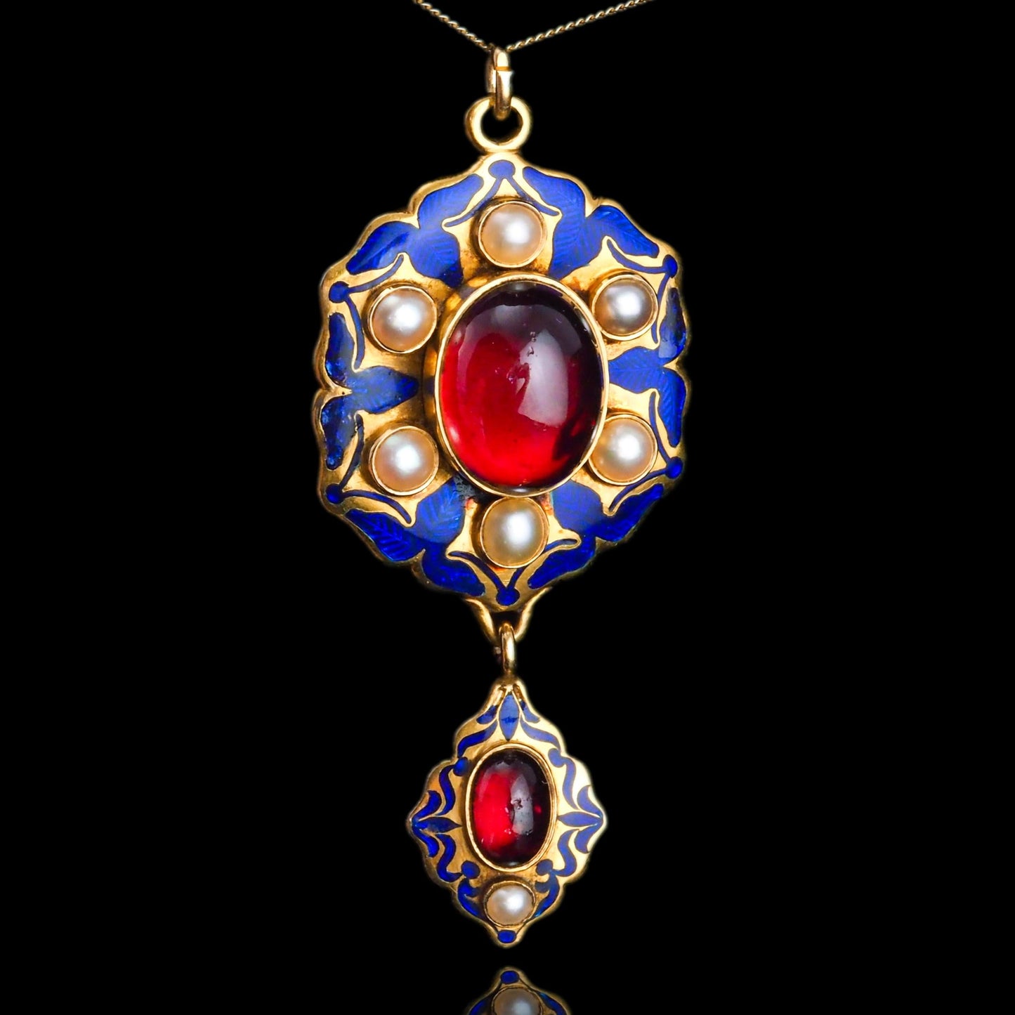 Victorian Antique Garnet Pearl Blue Enamel Holbeinesque Pendant Necklace