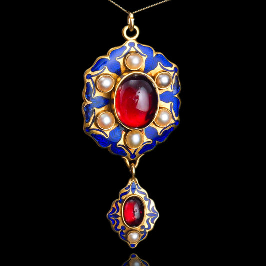 Victorian Antique Garnet Pearl Blue Enamel Holbeinesque Pendant Necklace