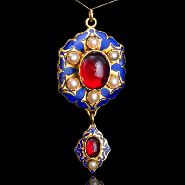 Victorian Antique Garnet Pearl Blue Enamel Holbeinesque Pendant Necklace