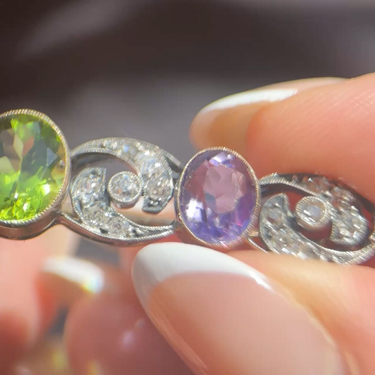 Edwardian Antique Suffragette Style Amethyst Peridot Diamond Brooch