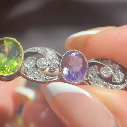 Edwardian Antique Suffragette Style Amethyst Peridot Diamond Brooch