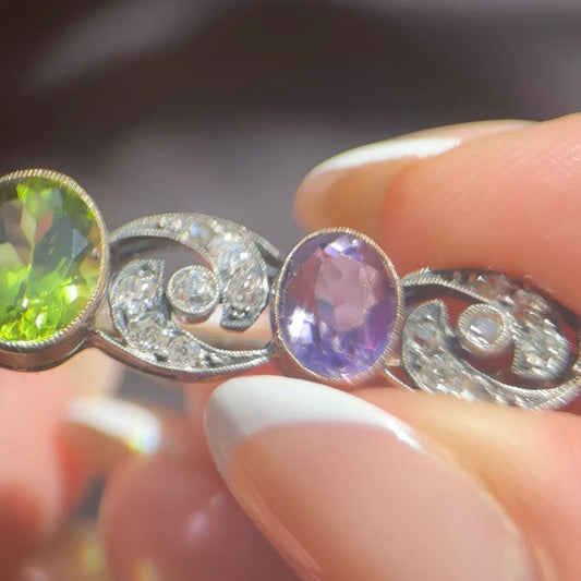 Edwardian Antique Suffragette Style Amethyst Peridot Diamond Brooch