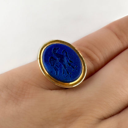 Victorian Antique Lapis Lazuli Griffin Intaglio Signet Ring