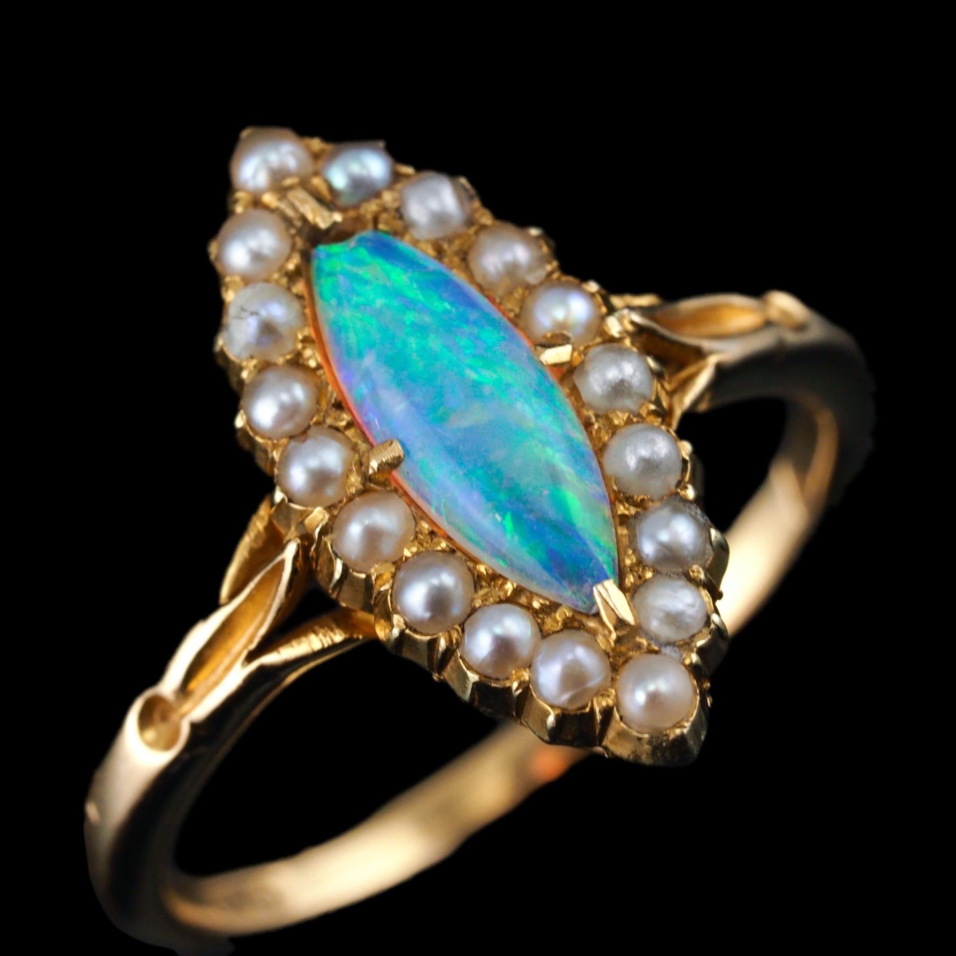 Antique Victorian Opal and Pearl Marquise Cluster Ring