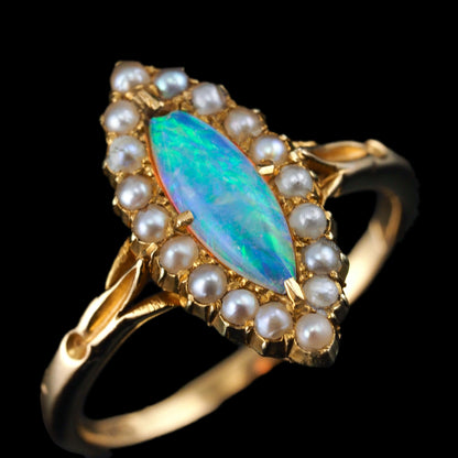 Antique Victorian Opal and Pearl Marquise Cluster Ring