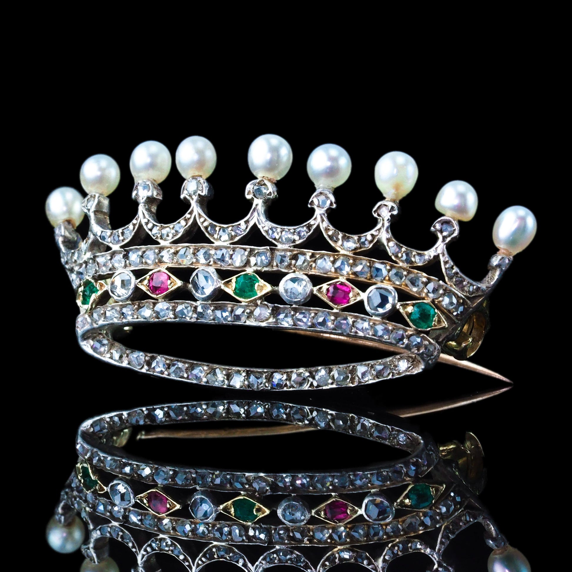 Antique French Ruby Emerald Diamond Pearl Crown Coronet Brooch