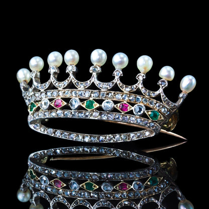 Antique French Ruby Emerald Diamond Pearl Crown Coronet Brooch