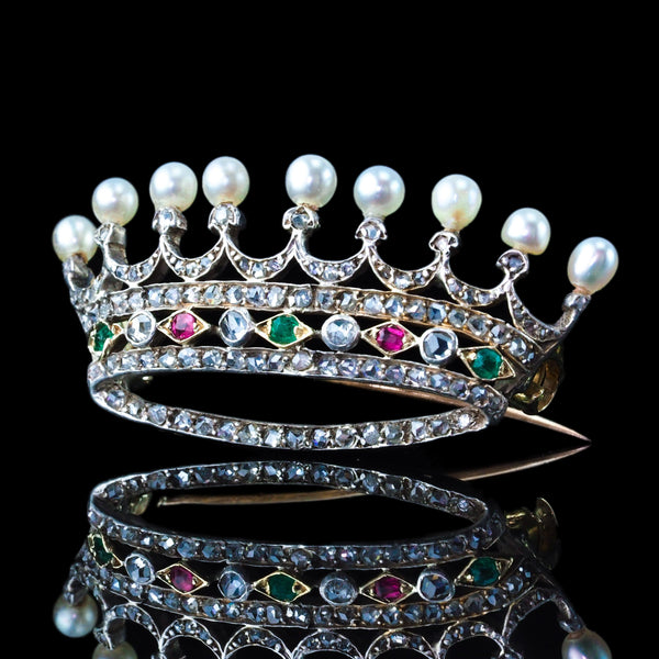 Antique French Ruby Emerald Diamond Pearl Crown Coronet Brooch