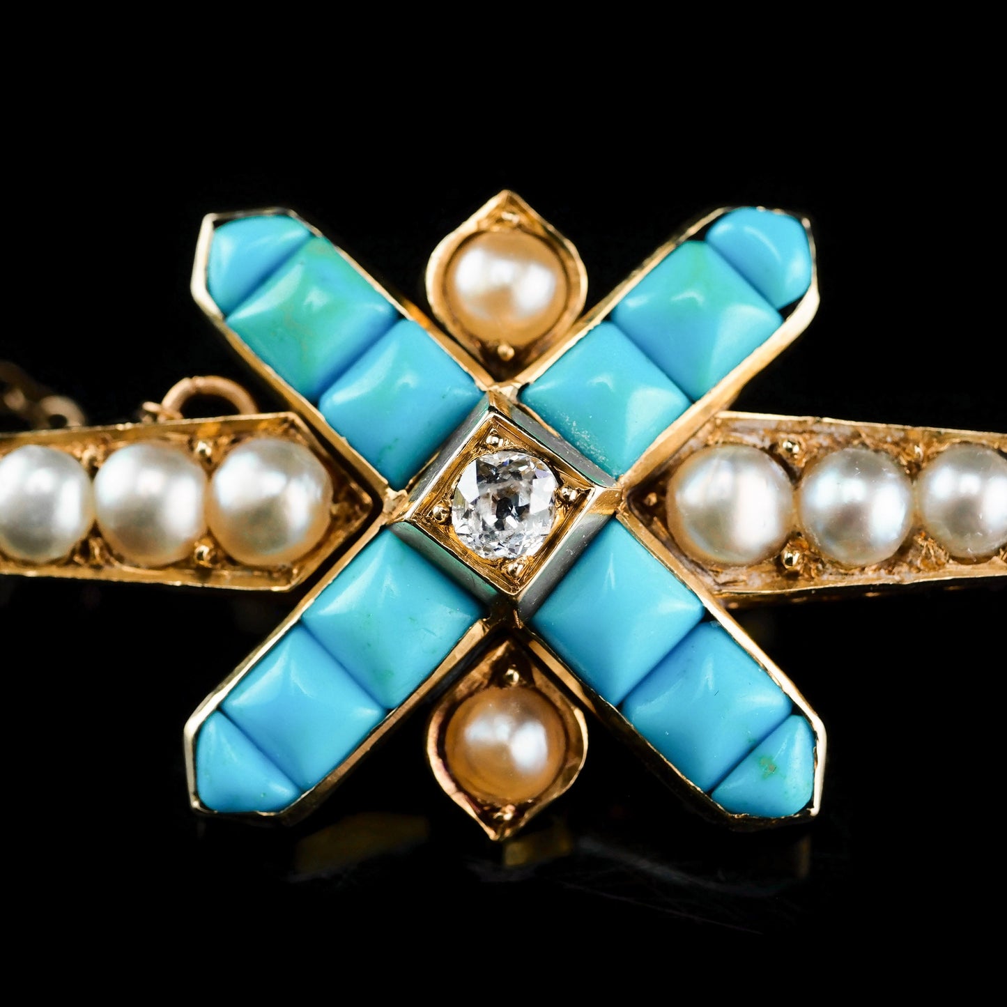 Stunning Antique Victorian 14K Gold Turquoise, Pearl & Diamond Brooch