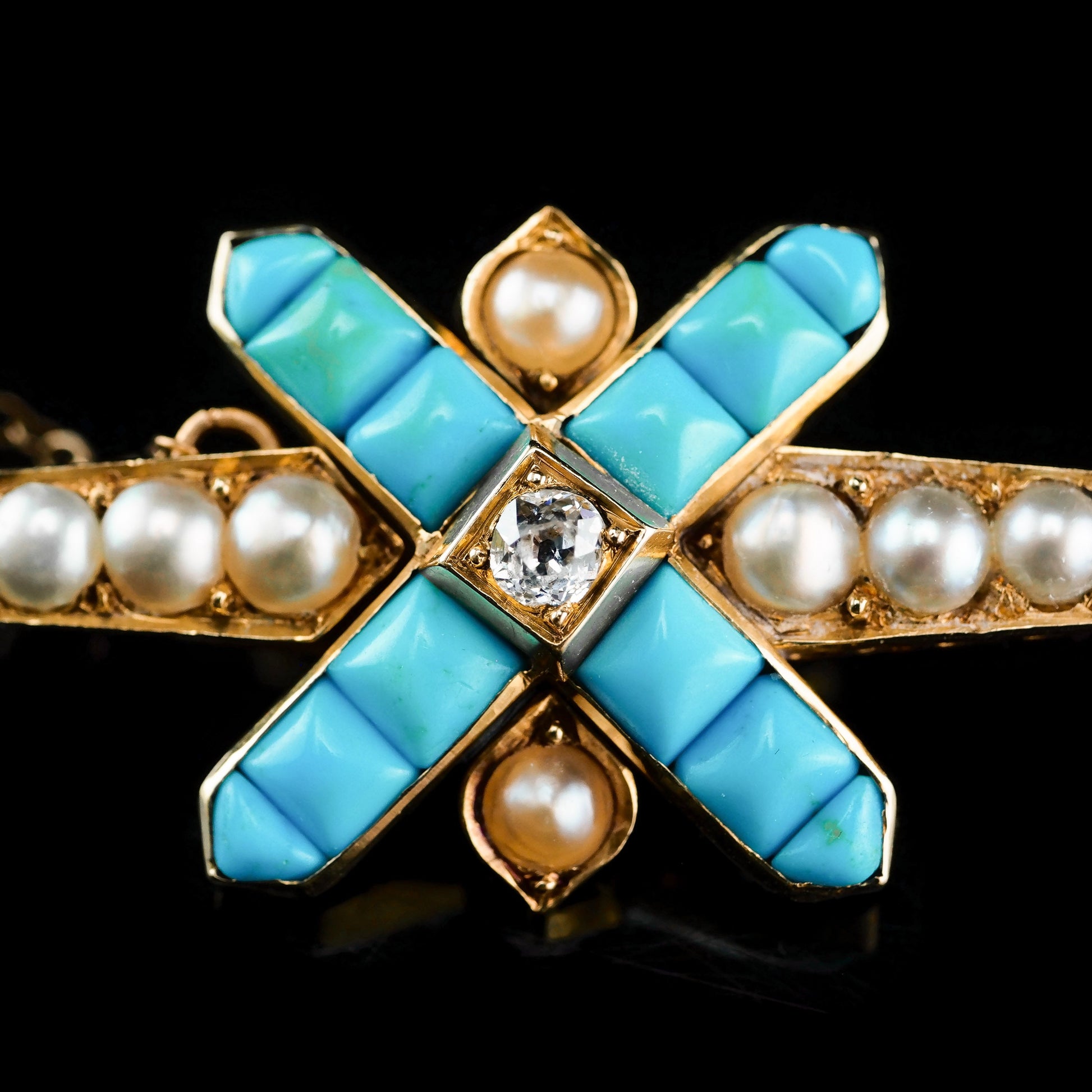 Stunning Antique Victorian 14K Gold Turquoise, Pearl & Diamond Brooch