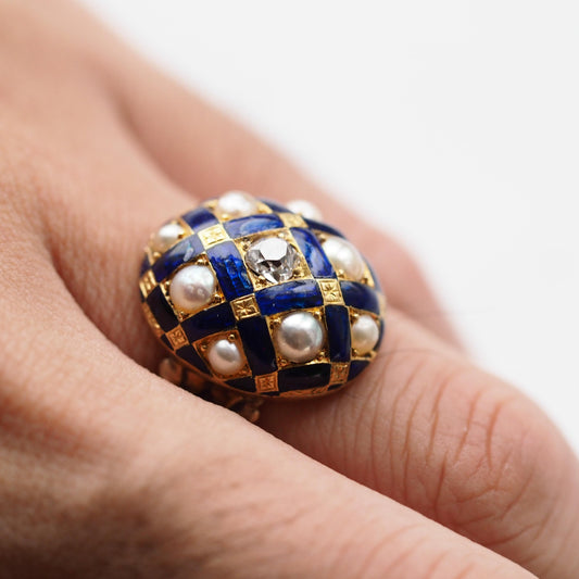 Victorian Antique Blue Enamel Diamond and Pearl Ring