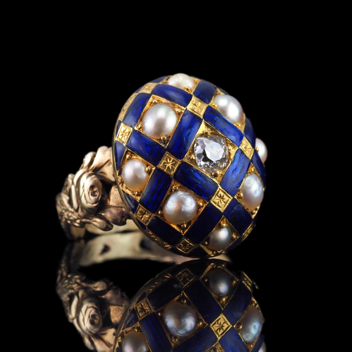 Victorian Antique Blue Enamel Diamond and Pearl Ring