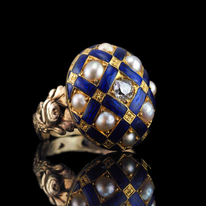 Victorian Antique Blue Enamel Diamond and Pearl Ring