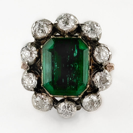 Victorian Antique Emerald and Diamond Cluster Ring
