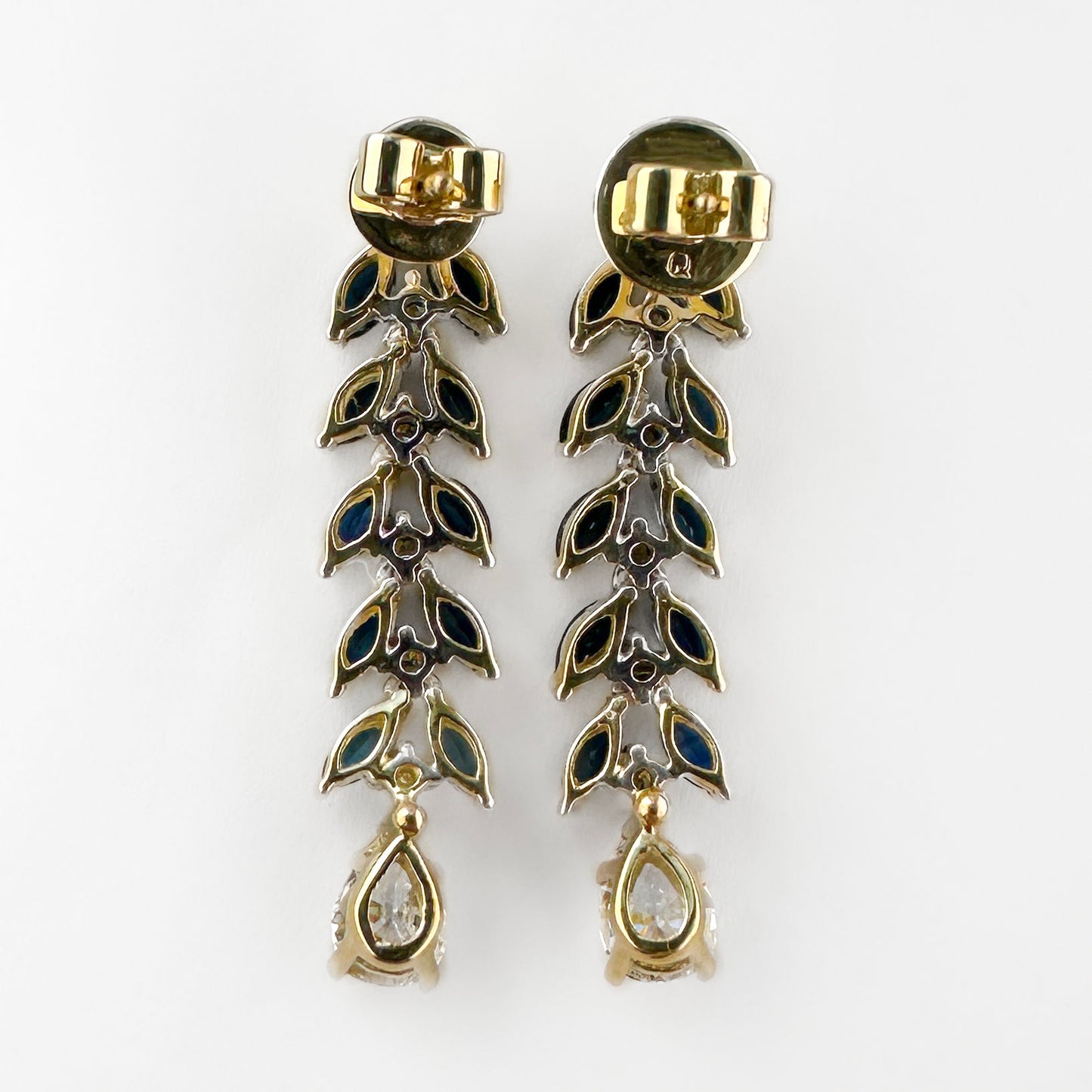 Vintage Pear Cut Diamond and Marquise Sapphire Foliate Drop Earrings