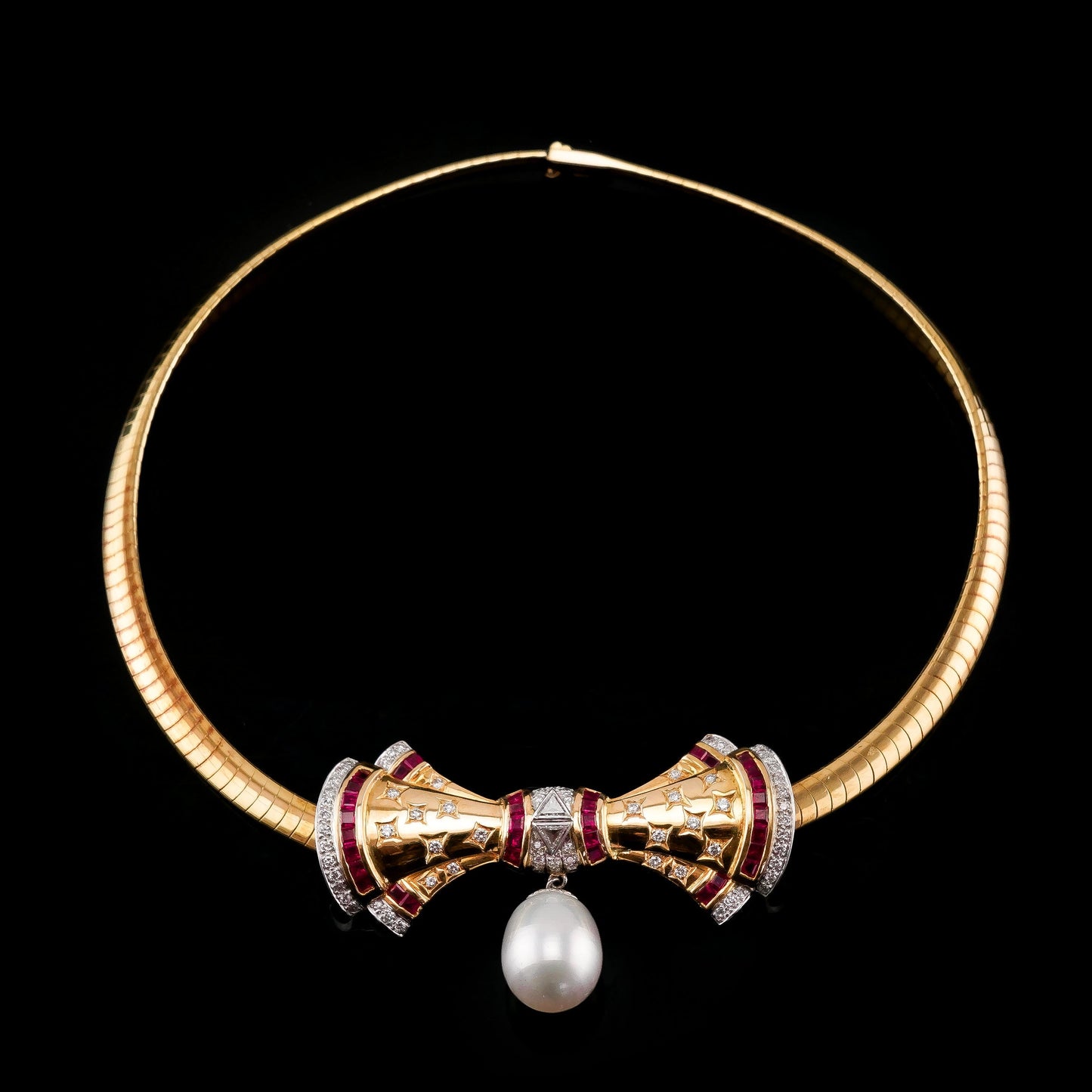 A Fine Vintage 18ct Gold Ruby Diamond and Pearl Bow Necklace