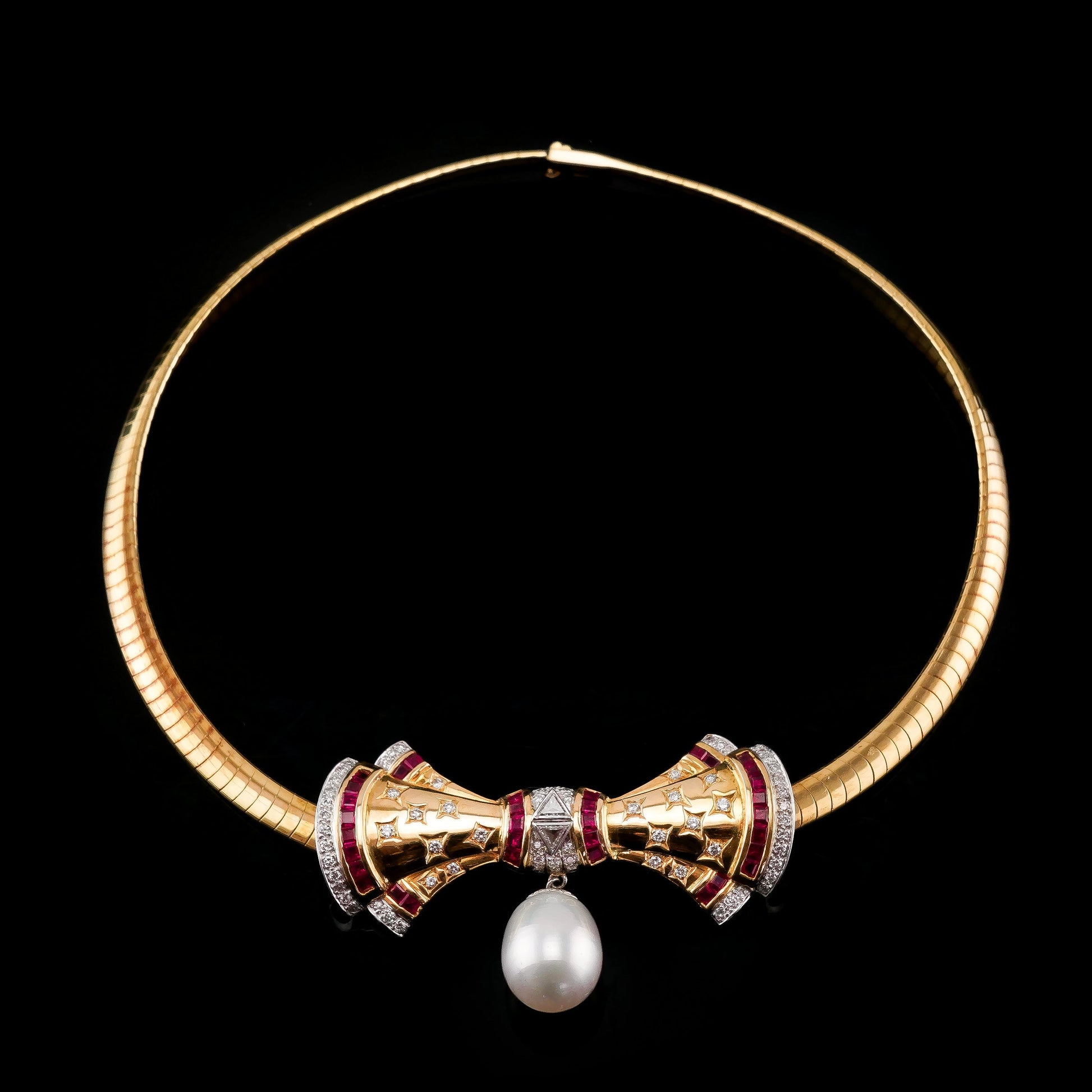 A Fine Vintage 18ct Gold Ruby Diamond and Pearl Bow Necklace