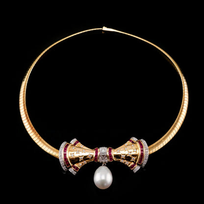 A Fine Vintage 18ct Gold Ruby Diamond and Pearl Bow Necklace