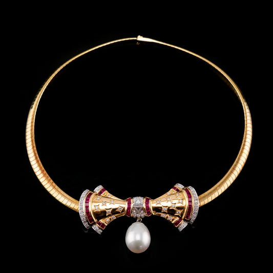A Fine Vintage 18ct Gold Ruby Diamond and Pearl Bow Necklace