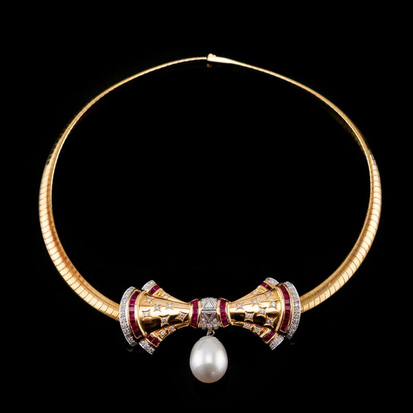 A Fine Vintage 18ct Gold Ruby Diamond and Pearl Bow Necklace