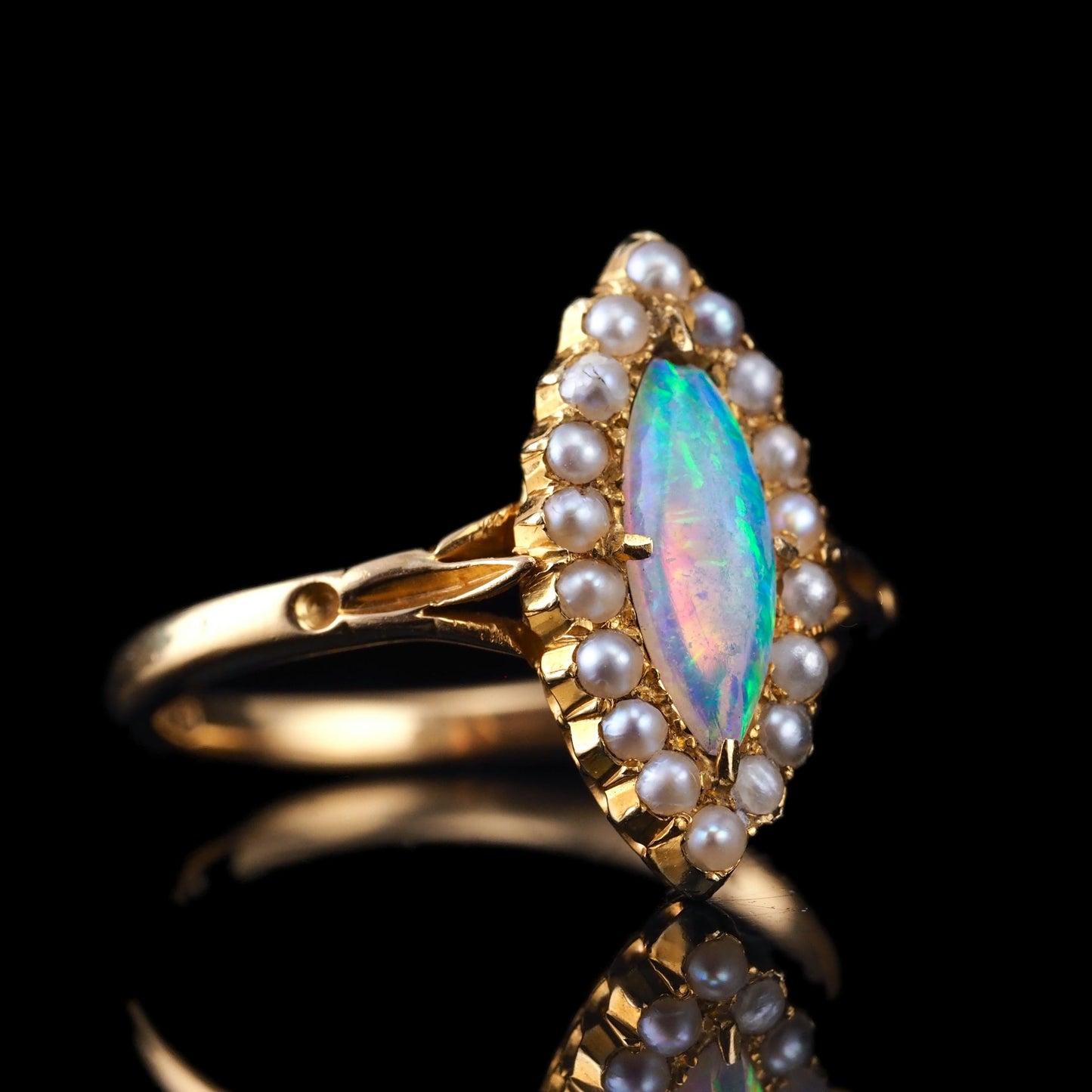Antique Victorian Opal and Pearl Marquise Cluster Ring