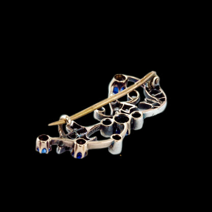 Antique Victorian Sapphire and Old Cut Diamond Brooch with Foliate Motif, Circa 1880