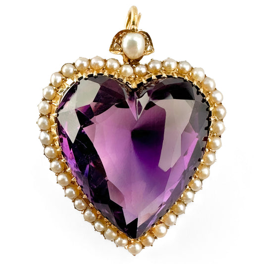 Victorian Antique Amethyst and Seed Pearl Cluster Heart Pendant