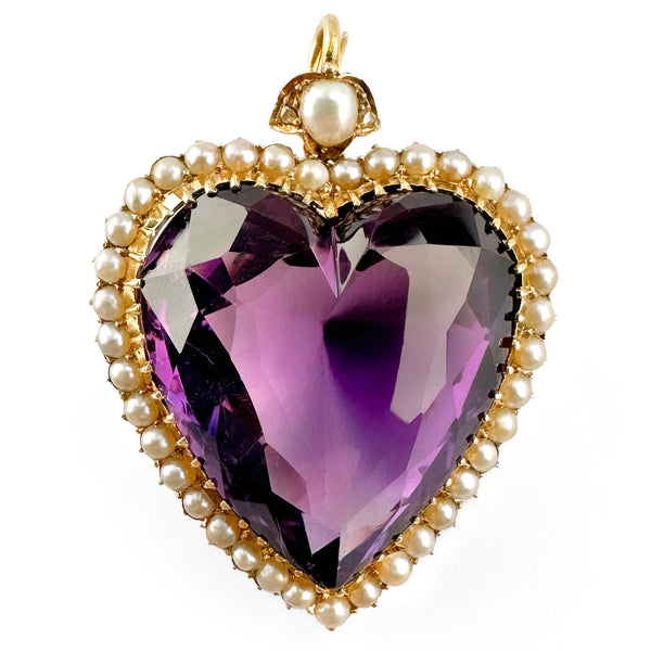 Victorian Antique Amethyst and Seed Pearl Cluster Heart Pendant
