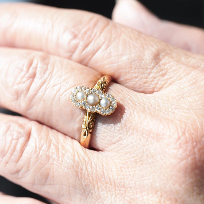 Antique Victorian Diamond and Pearl Triple Cluster Ring 18ct Gold - c.1900