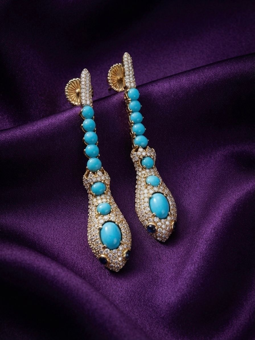 Vintage Turquoise 4.70 Diamond Snake Drop Earrings