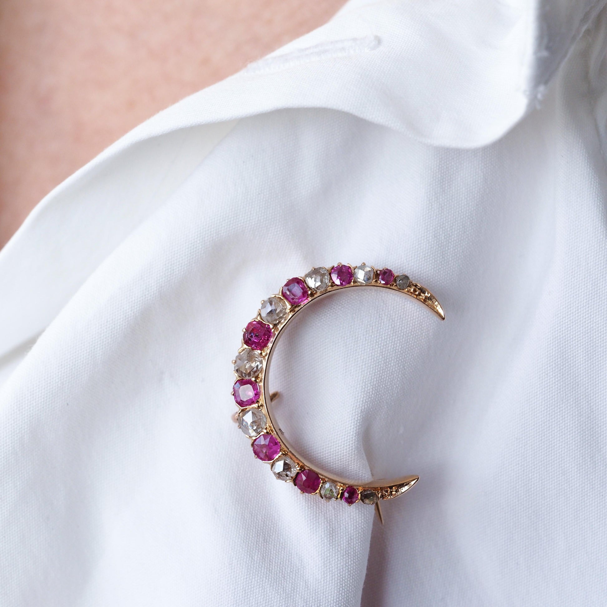 Victorian Antique Victorian Ruby and Old Cut Diamond Crescent Brooch