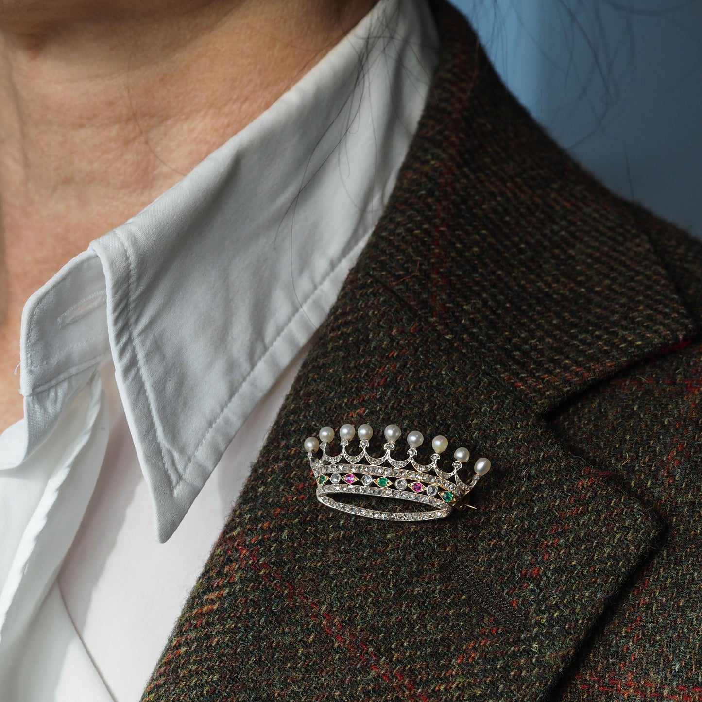 Antique French Ruby Emerald Diamond Pearl Crown Coronet Brooch