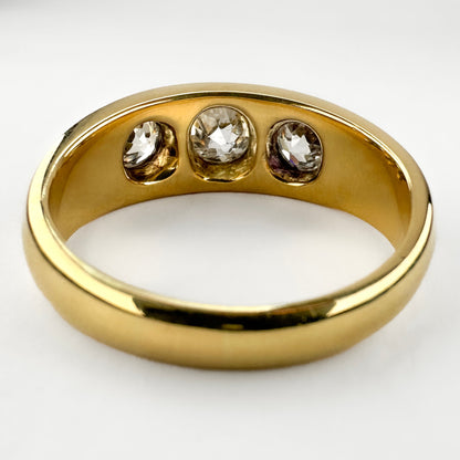 Victorian Antique 1.50cts Old Mine Cut Diamond Trilogy Three Stone Gypsy Ring in 18ct Yellow Gold