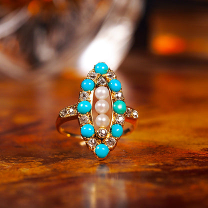 Victorian Antique Victorian Turquoise Pearl Diamond Navette Marquise Cluster Ring Circa 1880