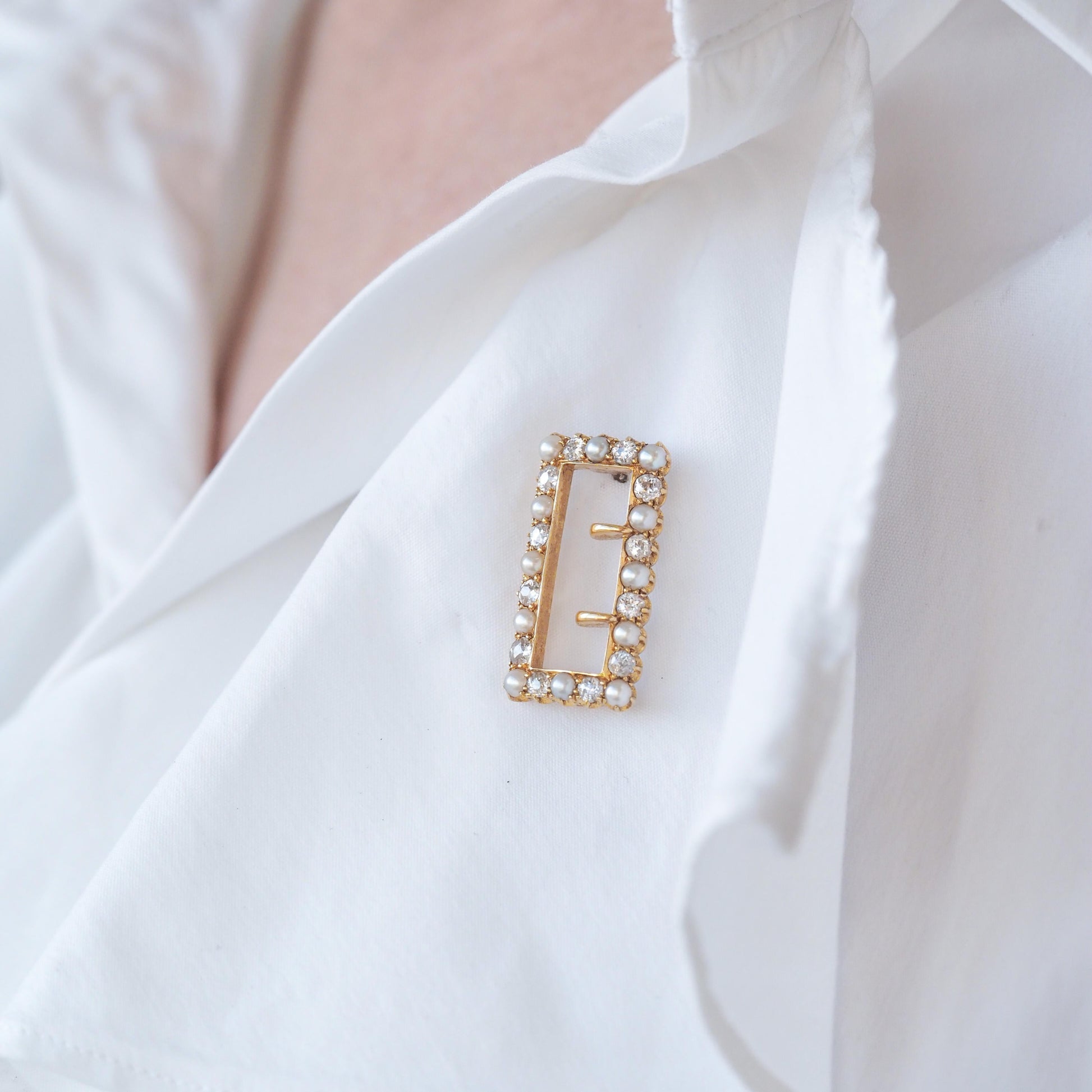 Antique Victorian Diamond Pearl Brooch/Pendant Buckle Shape 18K Gold - c.1890