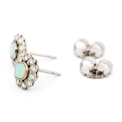 Opal and Diamond Cluster Stud Earrings in Platinum