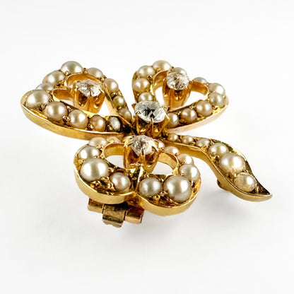 Edwardian Antique Pearl and Diamond Set 15ct Gold Clover Brooch