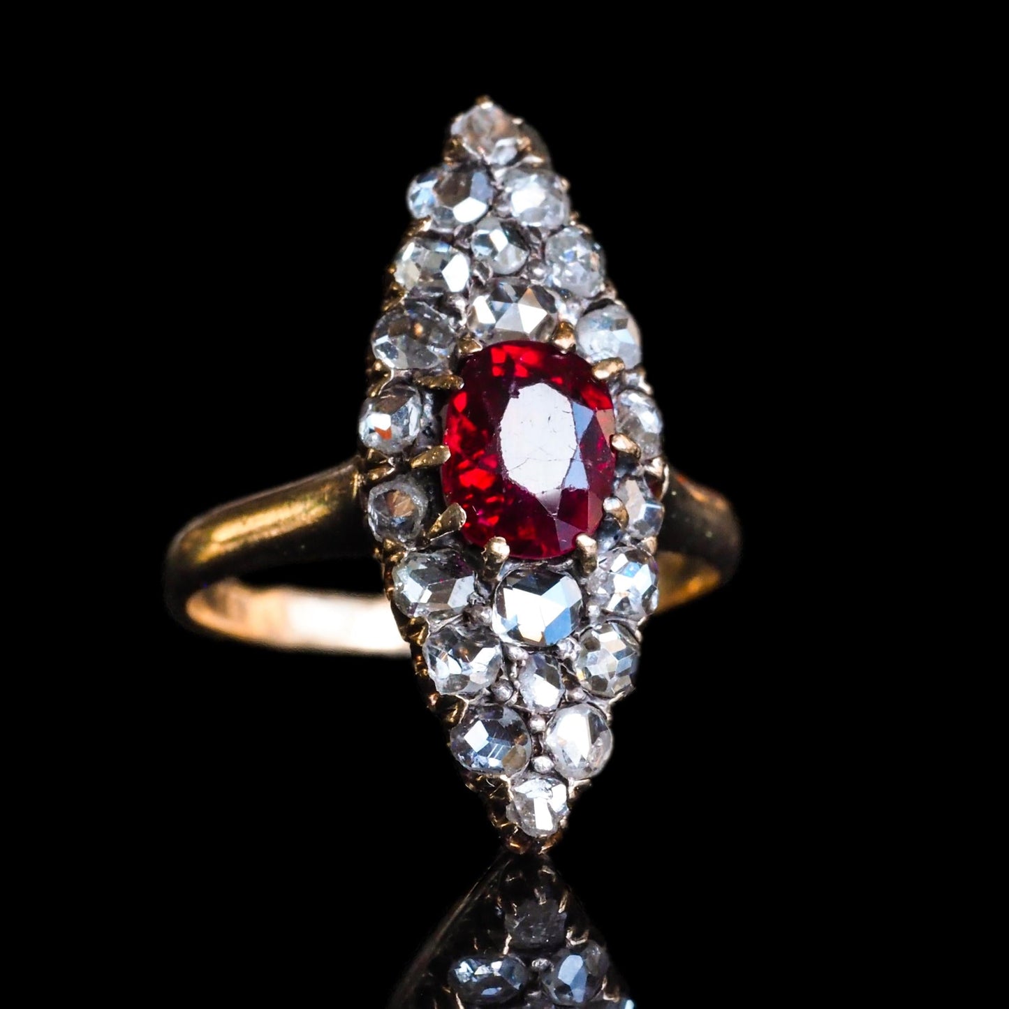 Antique French Natural No Heat Ruby and Old Cut Diamond Navette Cluster Ring, Circa 1890