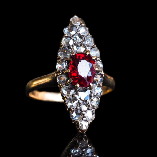 Antique French Natural No Heat Ruby and Old Cut Diamond Navette Cluster Ring, Circa 1890