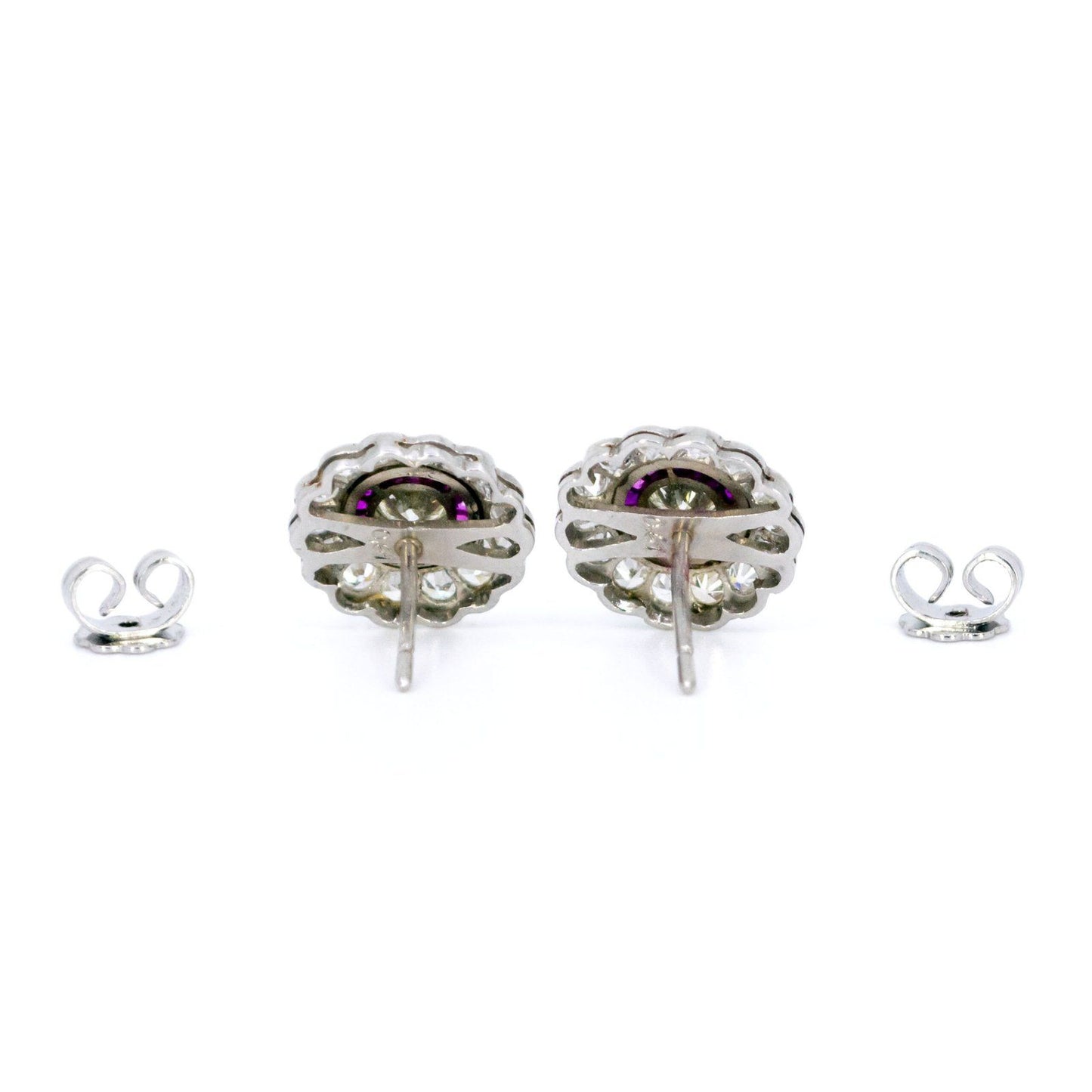 Art Deco Inspired Diamond and Ruby Target Cluster Stud Earrings in Platinum