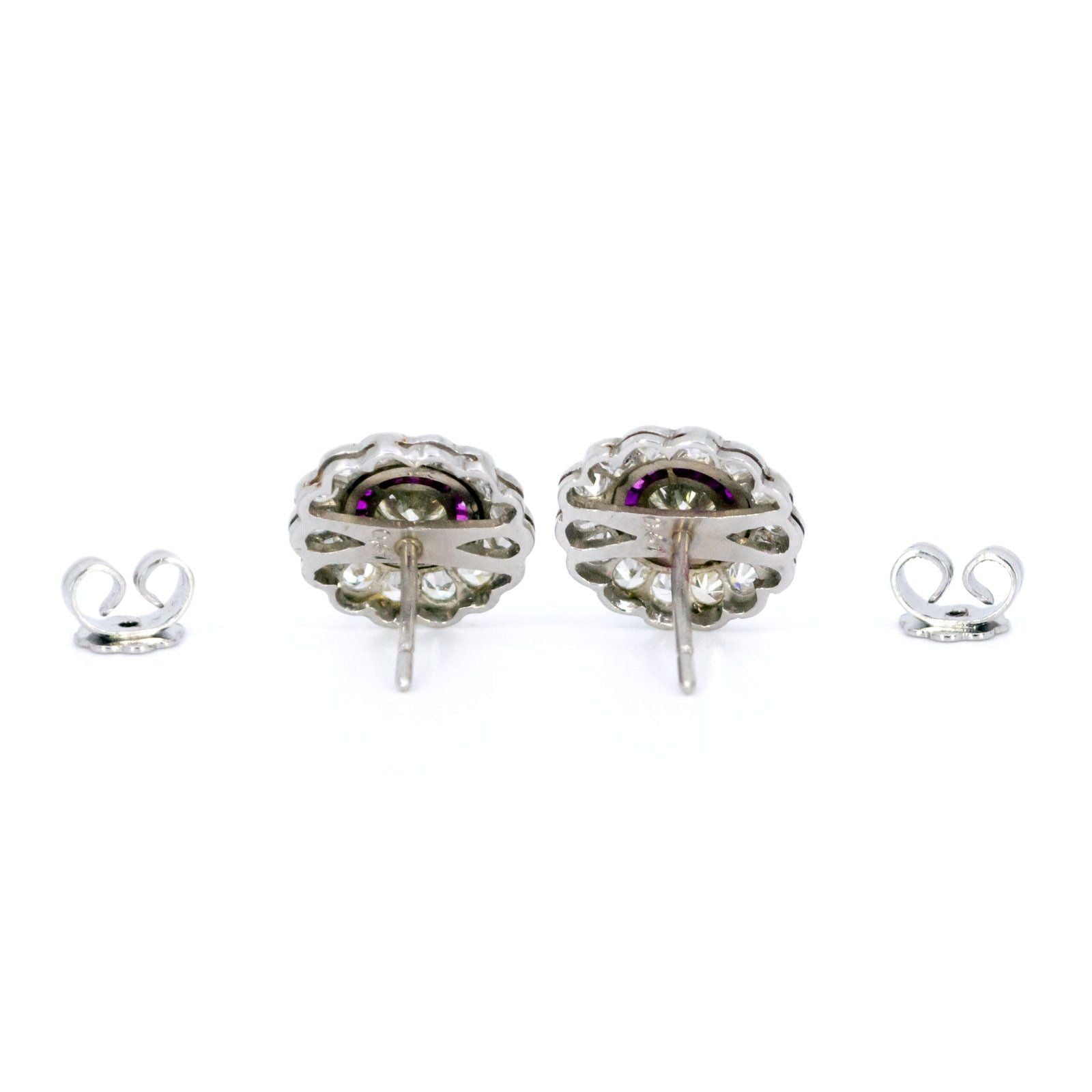 Art Deco Inspired Diamond and Ruby Target Cluster Stud Earrings in Platinum