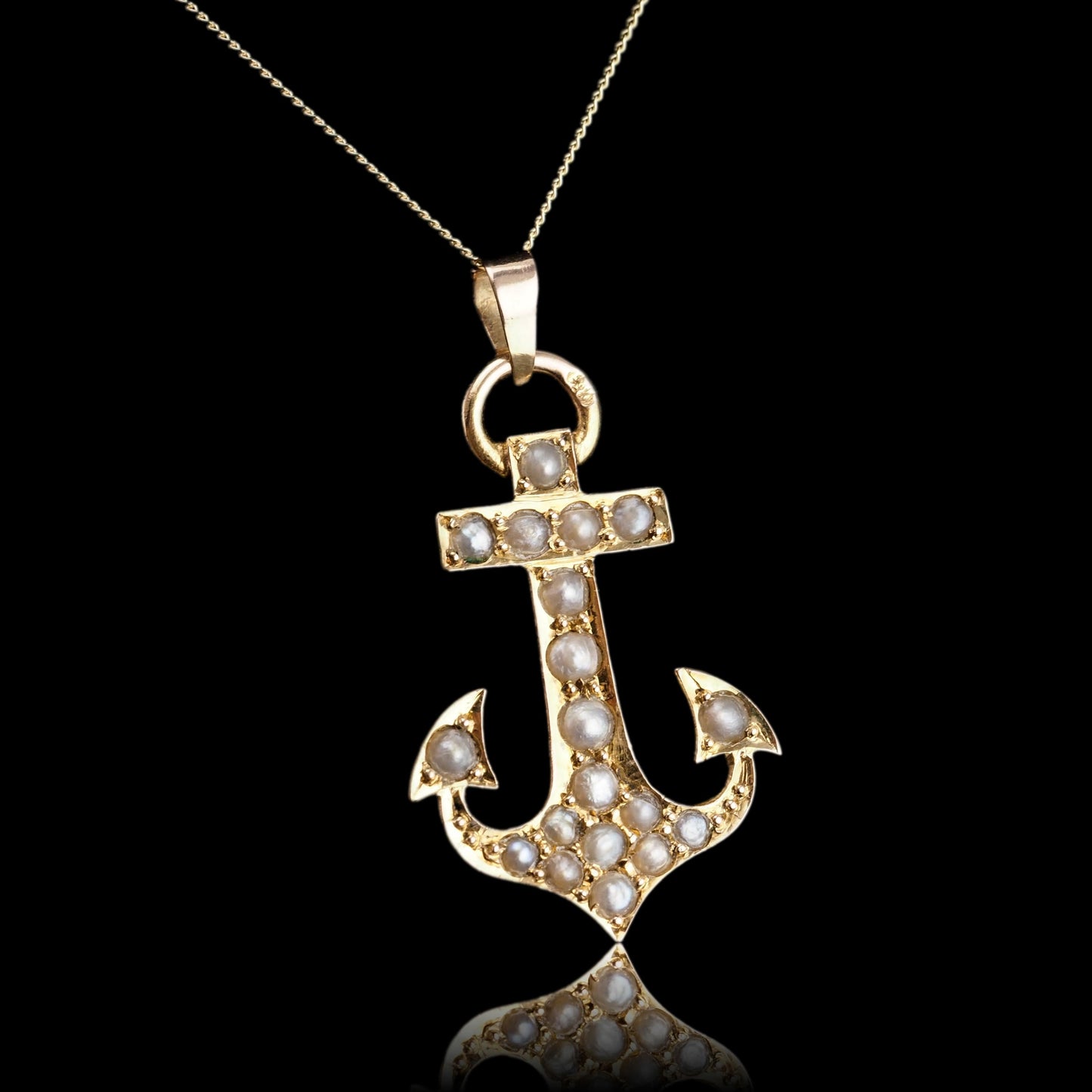 Antique Victorian Pearl Anchor Pendant Necklace 15K Gold - c.1900