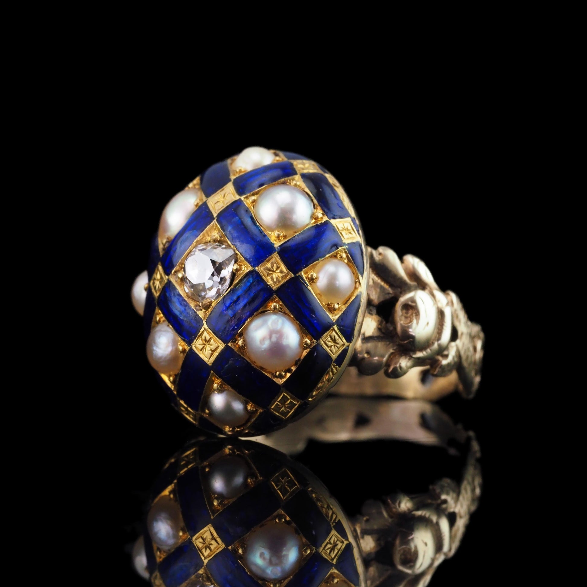 Victorian Antique Blue Enamel Diamond and Pearl Ring